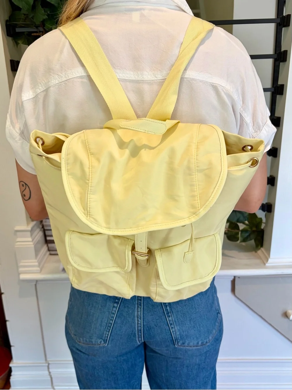 Year of Ours Yellow Nylon Drawstring Backpack Gold Hardware Utility Pockets